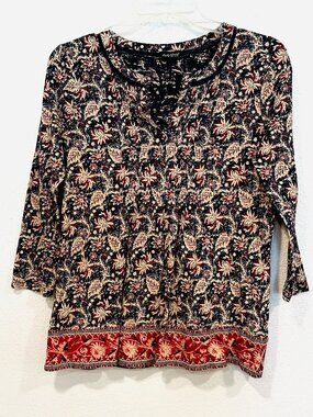 Lucky Brand Boho Peasant Top MultiColor Floral 3/4 Sleeve Lightweight Size Small